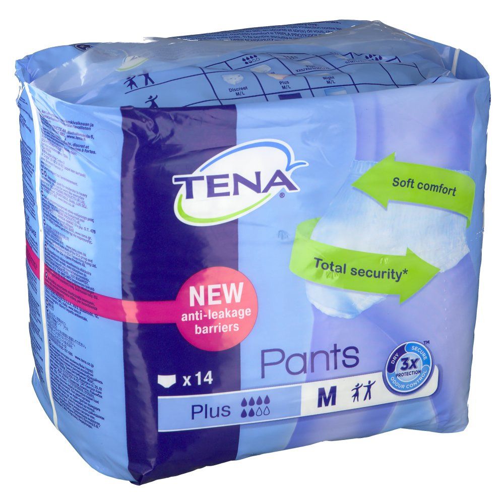 Verpakking Tena Pants Plus Medium. Blauwe verpakking met productafbeelding. Tekst: New anti-leakage barriers, x14, Plus, M, Total security, Soft comfort.
