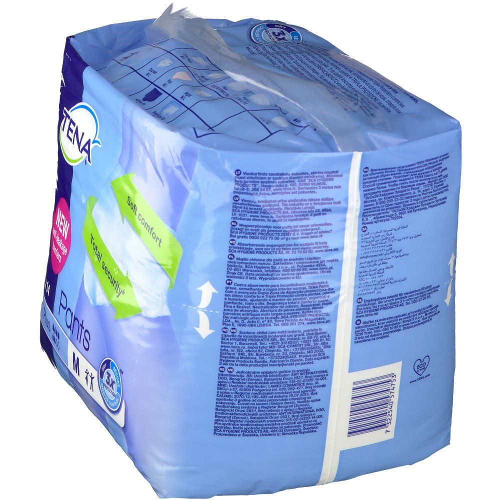 Achterkant van de verpakking Tena Pants Plus Medium. Blauwe verpakking met tekst en productafbeeldingen. Tekst: Pants, M, 3X protection, Soft comfort, Total security.