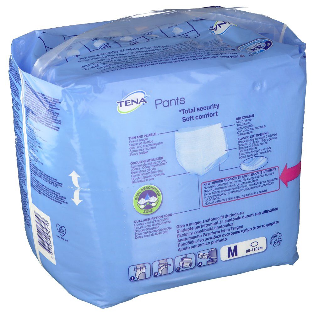 Achterkant van de verpakking Tena Pants Plus Medium. Blauwe verpakking met tekst en productafbeeldingen. Tekst: Pants, M, Total security, Soft comfort, breathable.