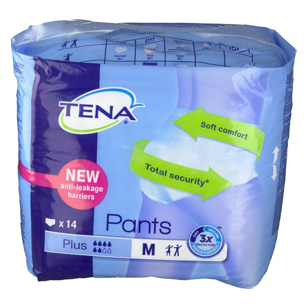 Verpakking Tena Pants Plus Medium. Blauwe verpakking met productafbeelding. Tekst: New anti-leakage barriers, x14, Plus, M, Total security, Soft comfort.