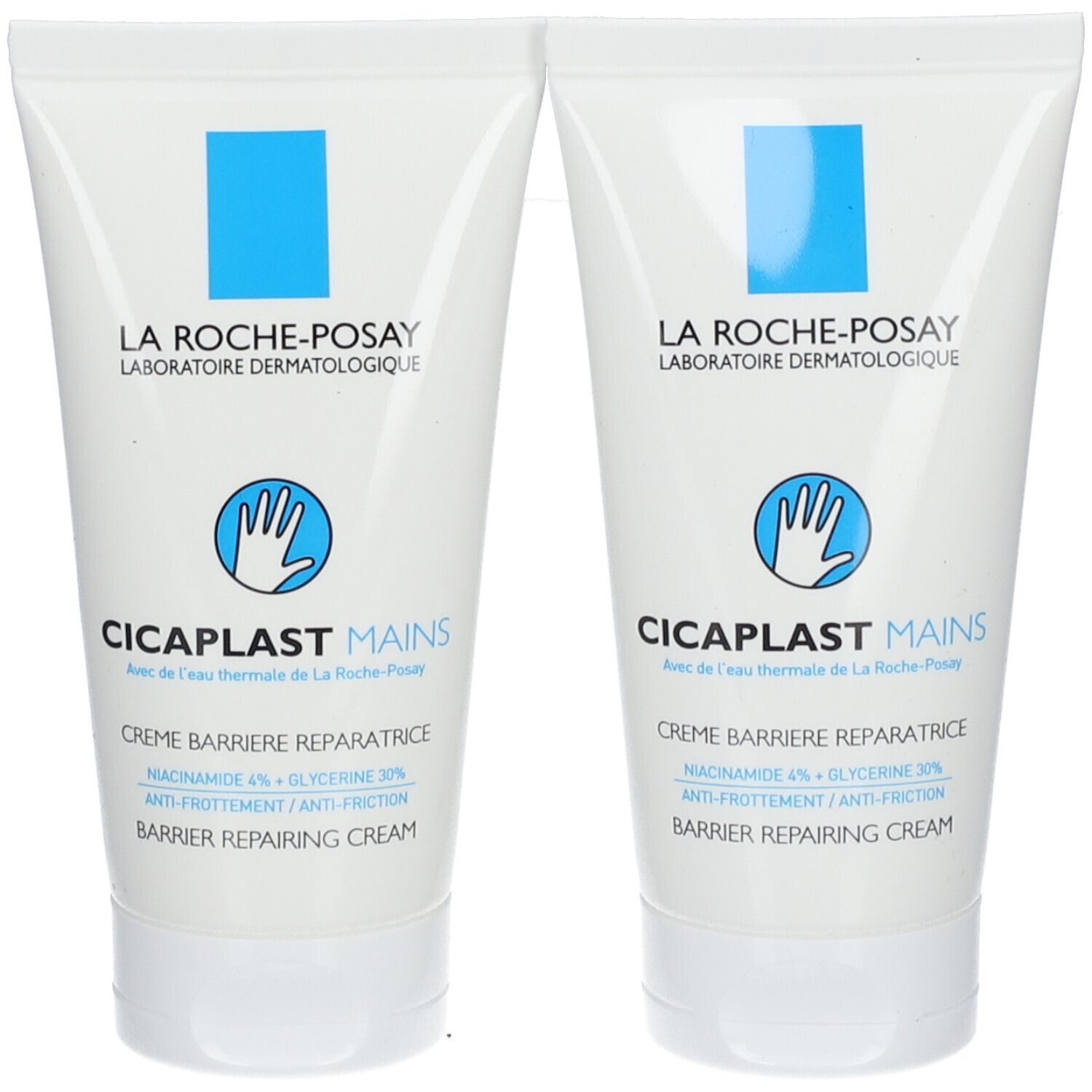 Deux tubes de crème pour les mains. Blancs, avec logo bleu et texte. Nom du produit et ingrédients visibles.