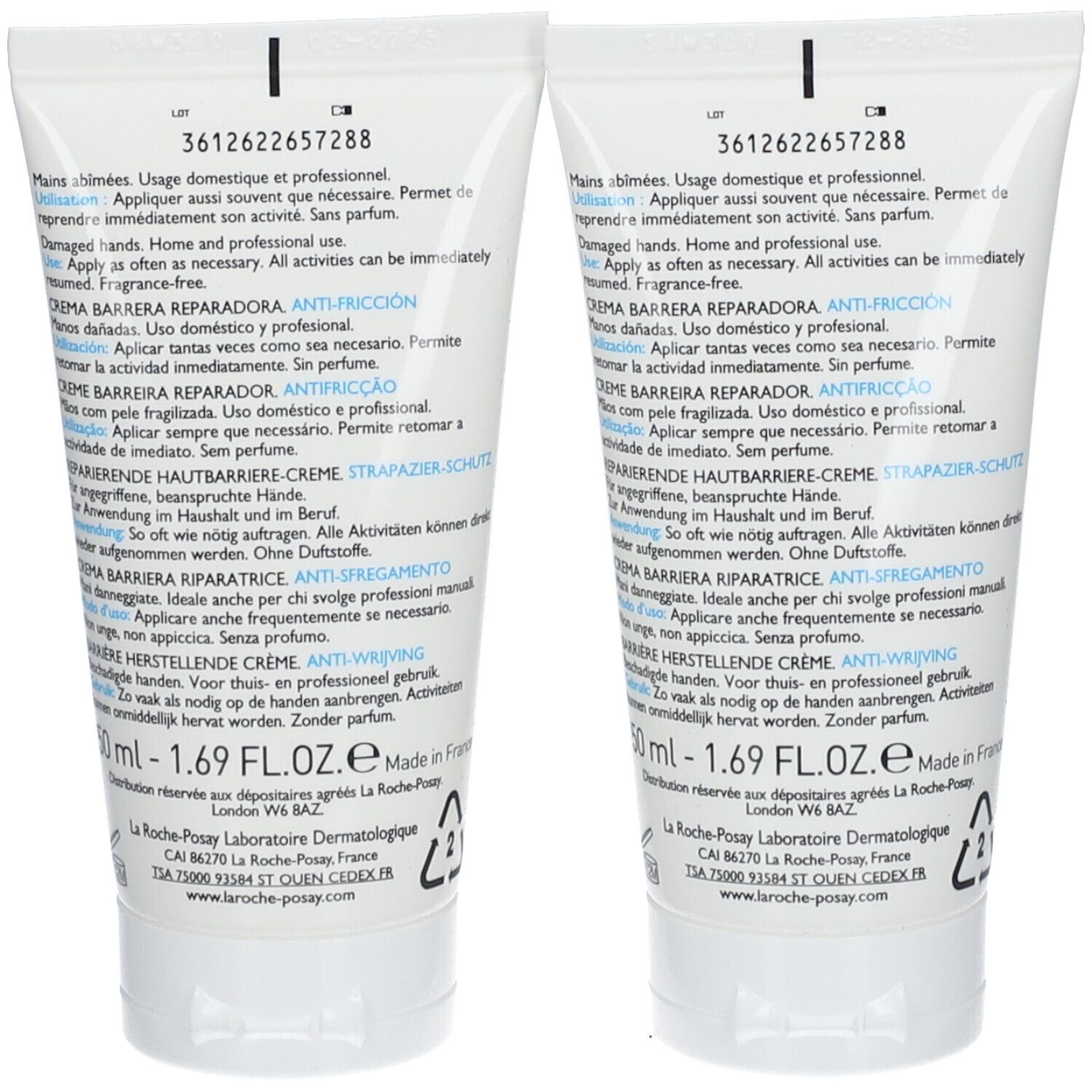 Dos de deux tubes de crème pour les mains. Texte multilingue. Informations fabricant et numéro de lot.