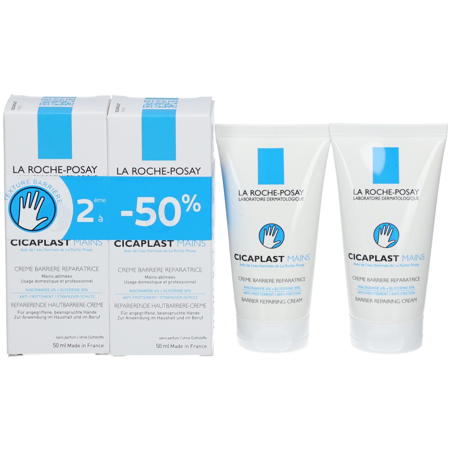 Deux tubes de crème pour les mains et deux boîtes. Boîtes avec logo bleu et nom du produit. Offre : 2 pour le prix d'1.