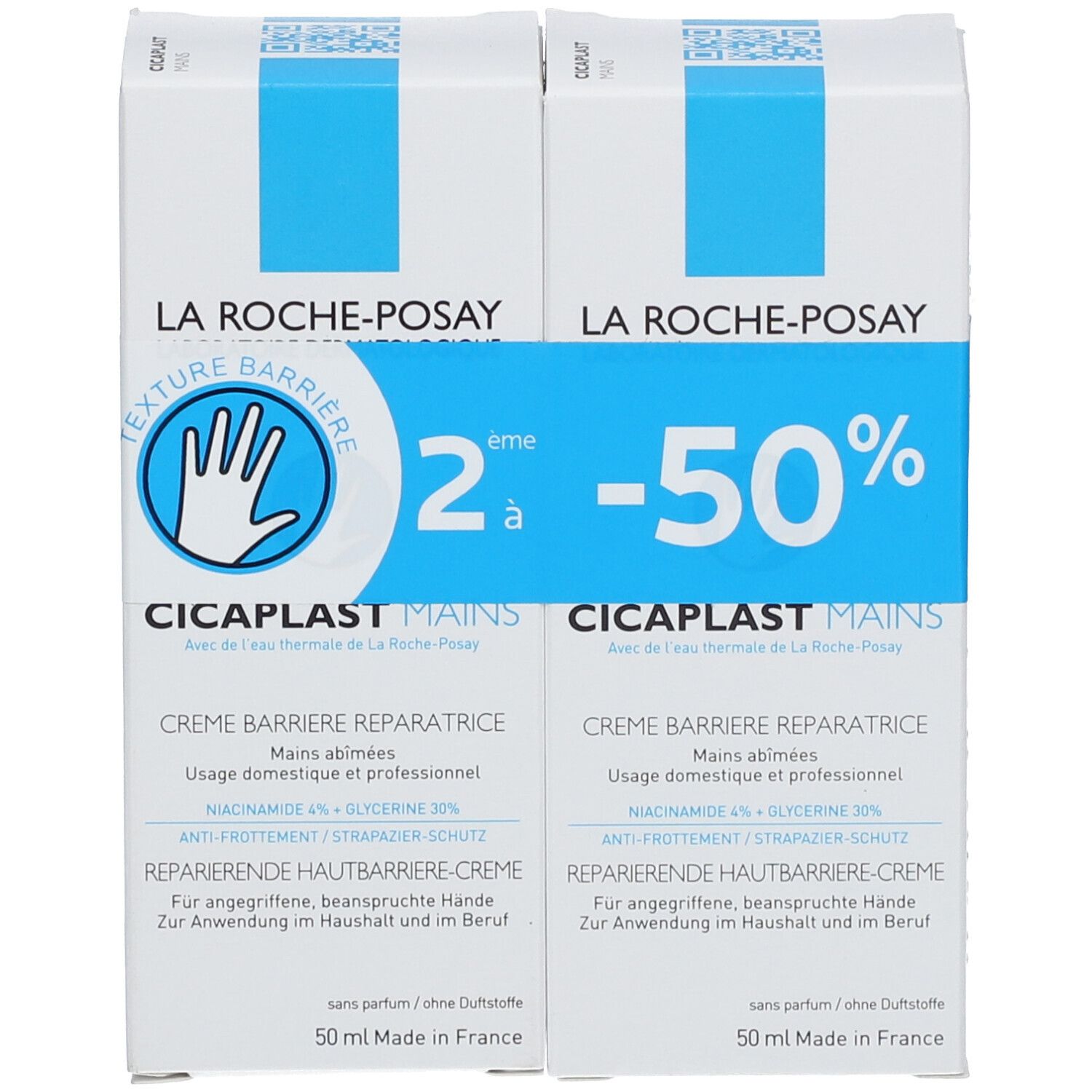Deux boîtes de crème pour les mains. Logo bleu et nom du produit. Offre : 2 pour le prix d'1. Texte multilingue.