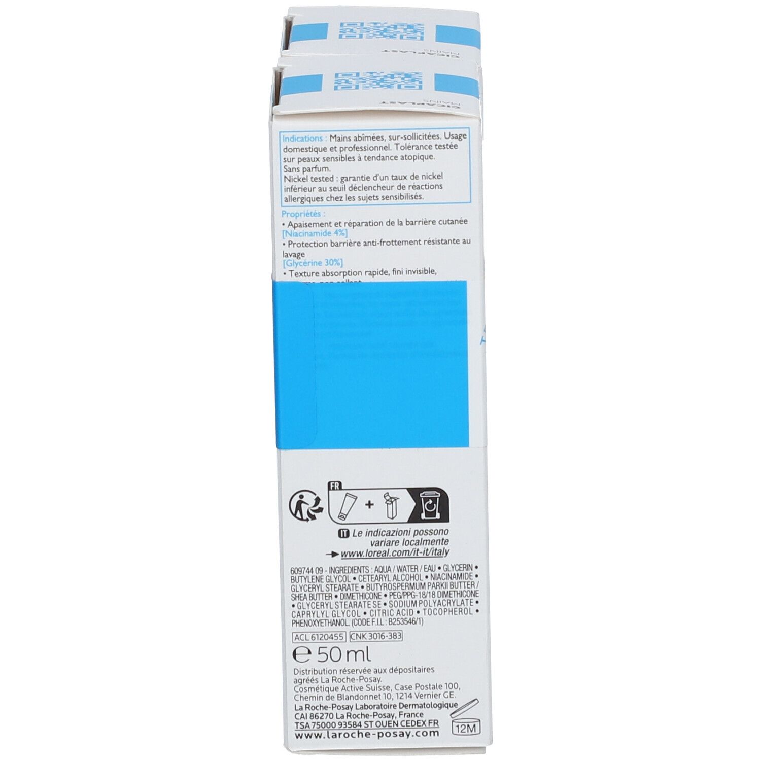 Dos de deux boîtes de crème pour les mains. Texte multilingue. Informations fabricant et ingrédients.