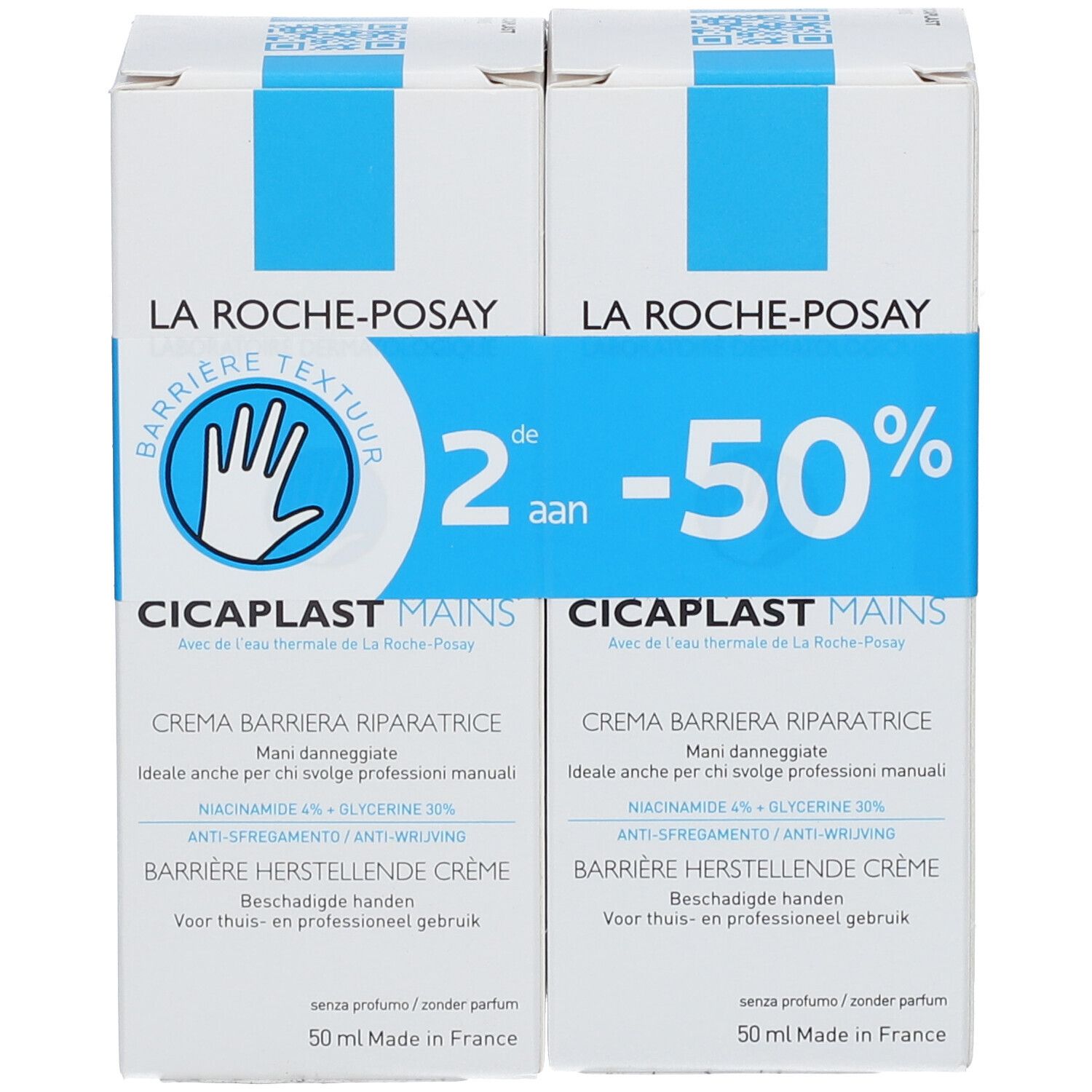 Deux boîtes de crème pour les mains. Logo bleu et nom du produit. Offre : 2 pour le prix d'1. Texte multilingue.