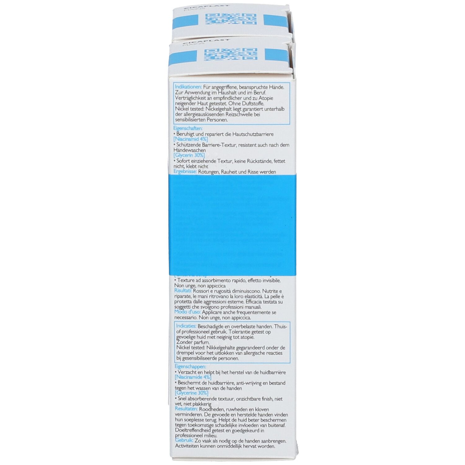 Dos de deux boîtes de crème pour les mains. Texte multilingue. Informations fabricant et ingrédients.