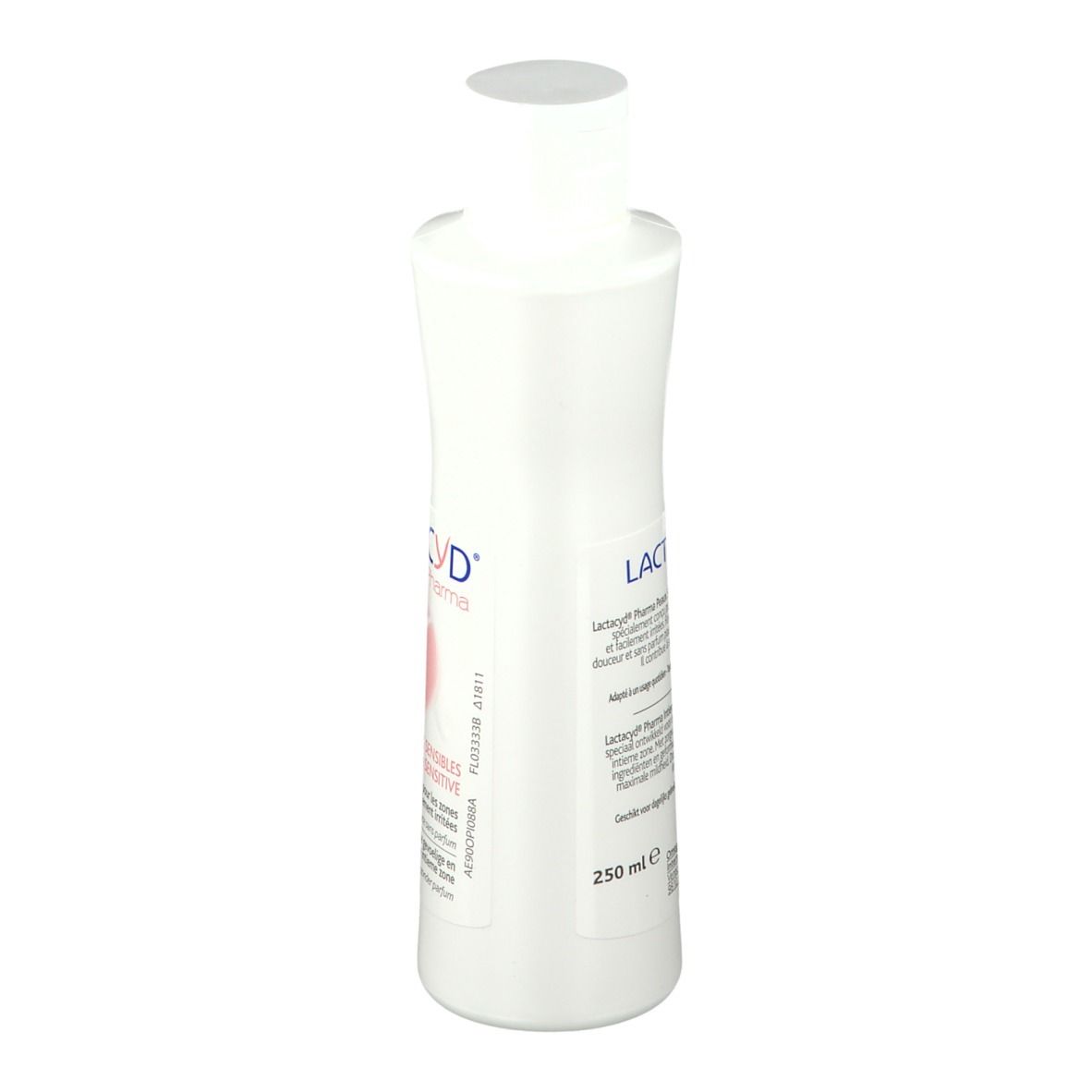 Flacon blanc avec bouchon blanc. Inscription Lactacyd Pharma. Texte et indication de volume 250 ml.