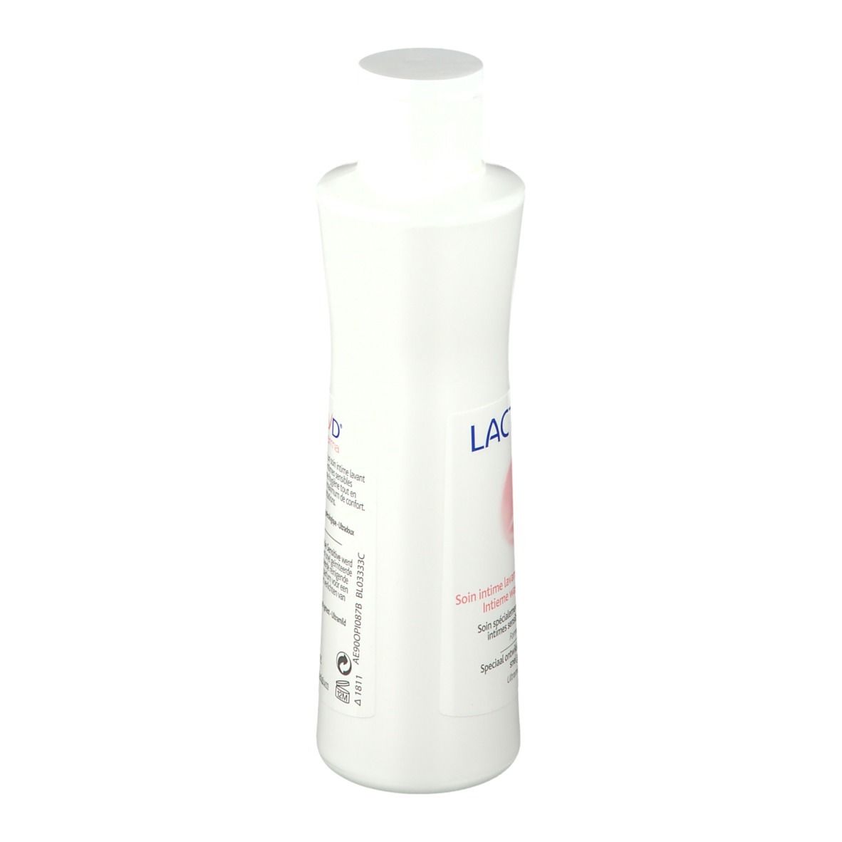 Flacon blanc avec bouchon blanc. Inscription Lactacyd Pharma. Texte: Peaux sensibles.