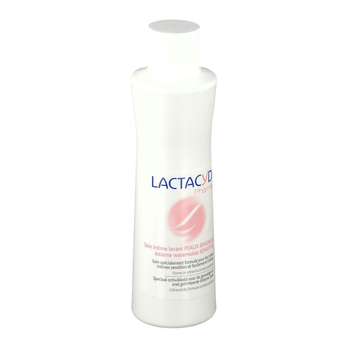 Flacon blanc avec bouchon blanc. Inscription Lactacyd Pharma. Logo rose. Texte: Peaux sensibles.