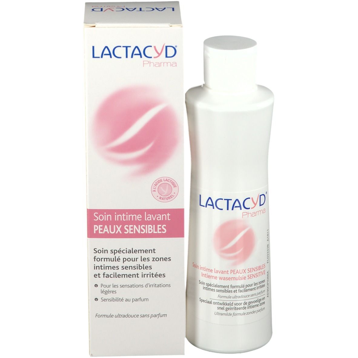 Flacon et emballage du produit. Inscription Lactacyd Pharma. Logo rose. Texte: Peaux sensibles.