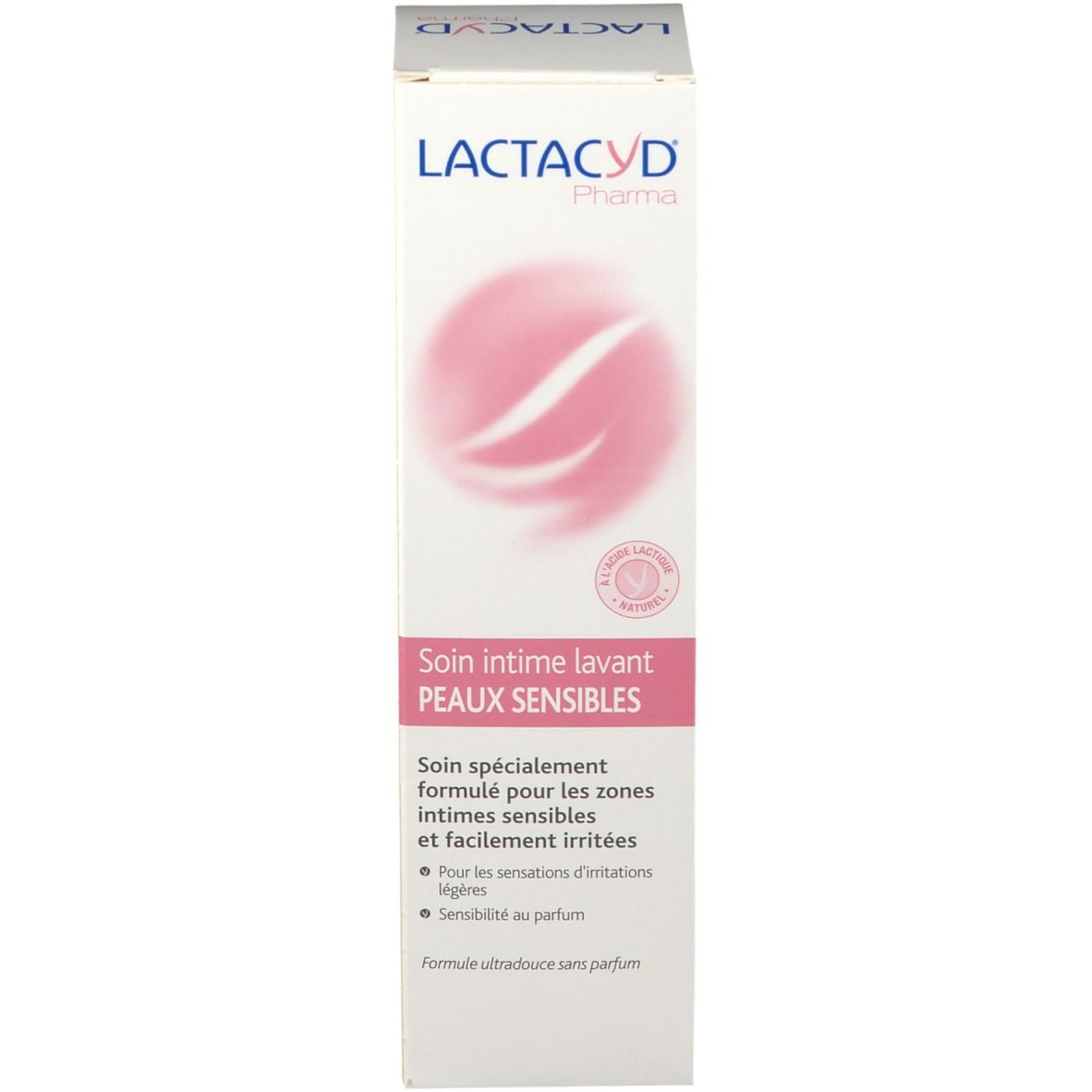 Emballage du produit. Inscription Lactacyd Pharma. Logo rose. Texte: Peaux sensibles.
