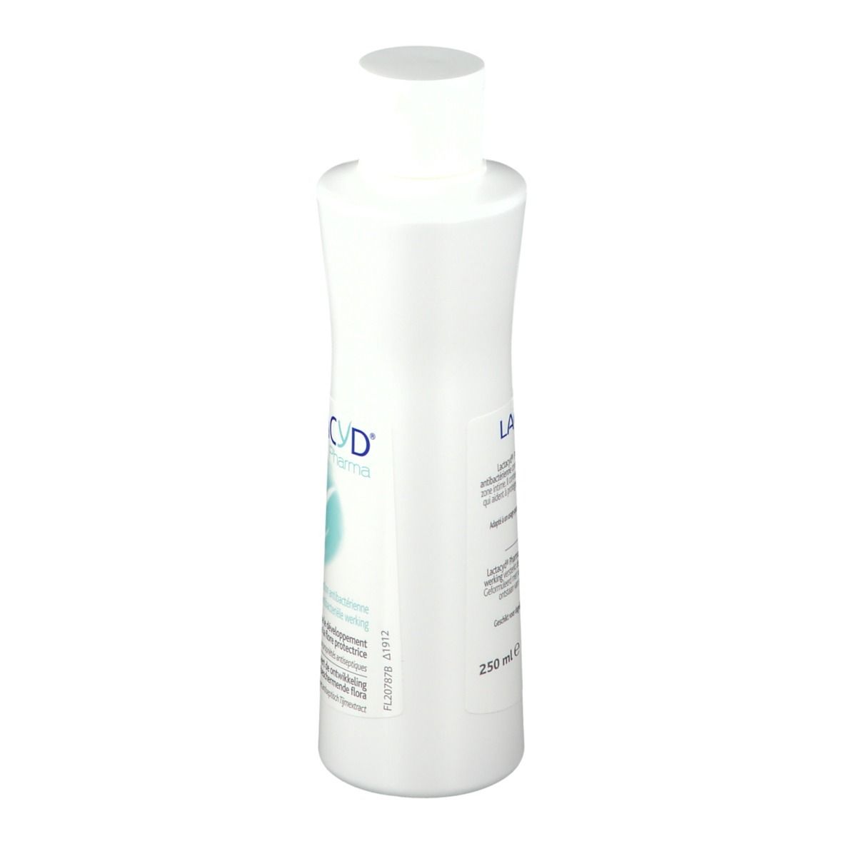 Weißes Fläschchen mit weißem Deckel. Aufschrift: LACTACYD Pharma. Text und Volumenangabe: 250 ml.