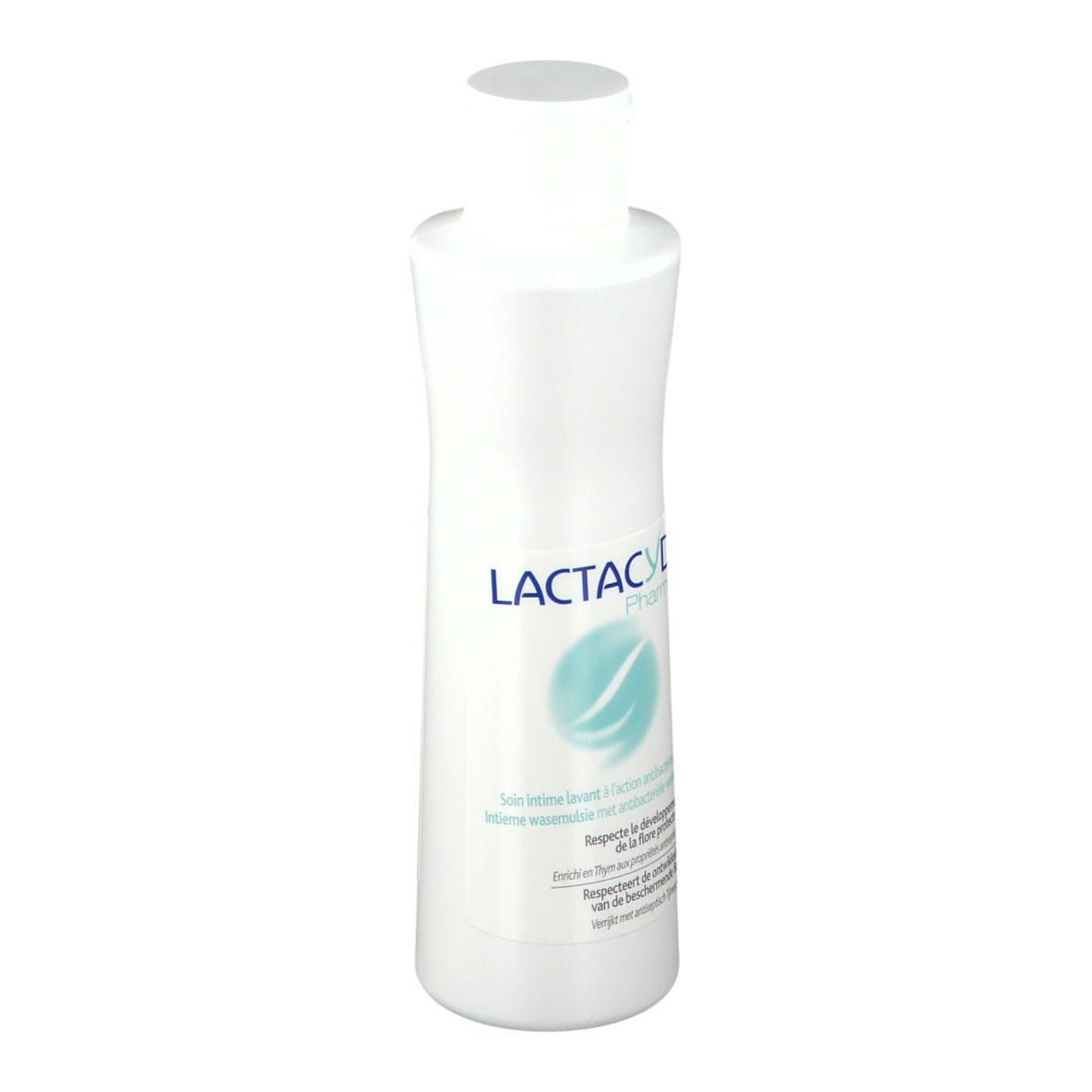 Weißes Fläschchen mit weißem Deckel. Aufschrift: LACTACYD Pharma. Türkisfarbenes Logo. Text in mehreren Sprachen.