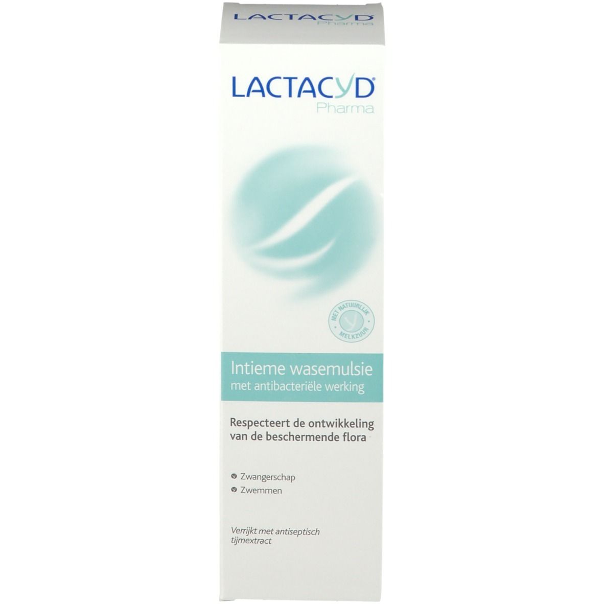 Kartonverpackung. Aufschrift: LACTACYD Pharma. Türkisfarbenes Logo. Text in Niederländisch. Mit Qualitätszeichen.