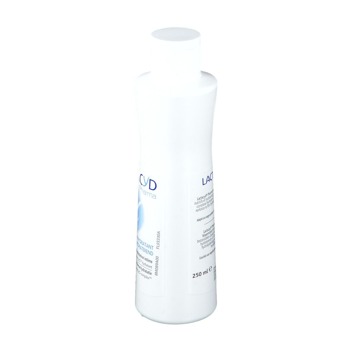 Witte fles met blauw etiket. Opschrift: Lactacyd Pharma. Informatie in het Frans. Inhoud: 250 ml.
