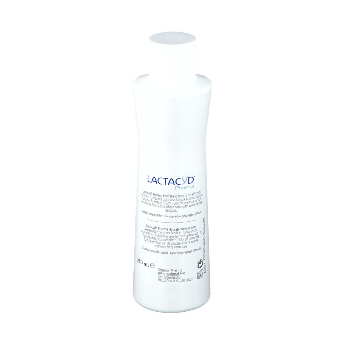 Witte fles met blauw etiket. Opschrift: Lactacyd Pharma. Informatie in het Frans. Inhoud: 250 ml.