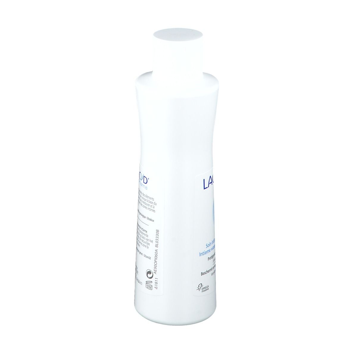 Witte fles met blauw etiket. Opschrift: Lactacyd Pharma. Informatie in het Frans.