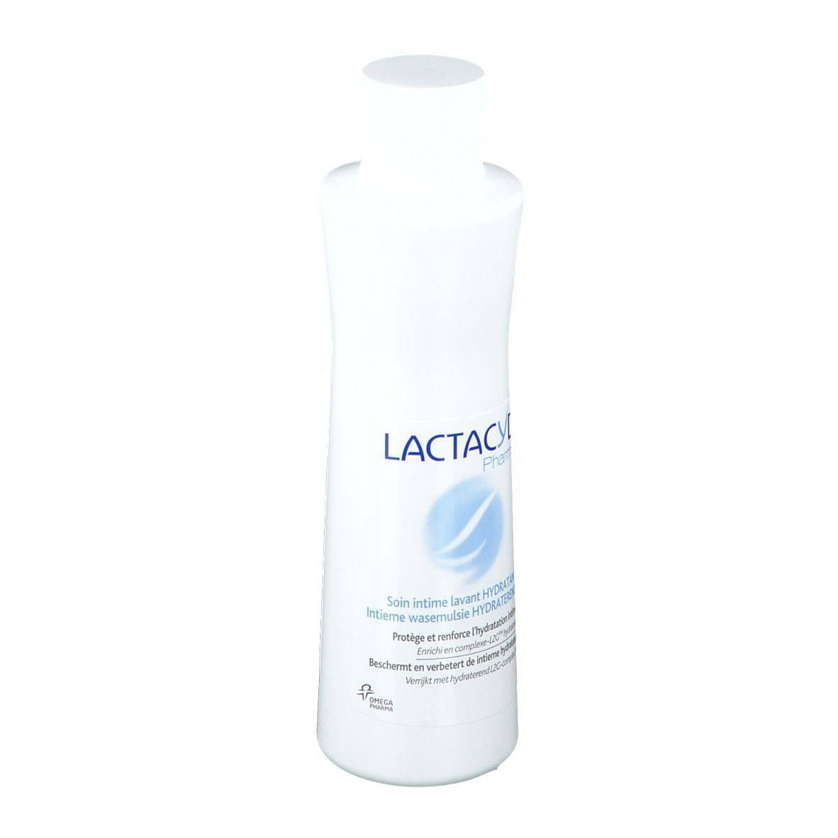 Witte fles met blauw etiket. Opschrift: Lactacyd Pharma. Informatie in het Frans.