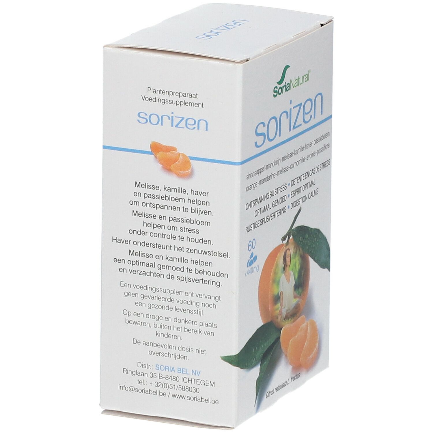 Boîte Soria Natural Sorizen. Texte et image d'orange. Contient 60 gélules.