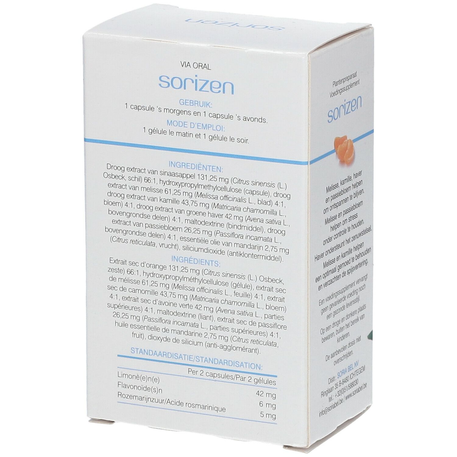 Boîte Soria Natural Sorizen. Dos avec ingrédients et instructions d'utilisation. Contient 60 gélules.