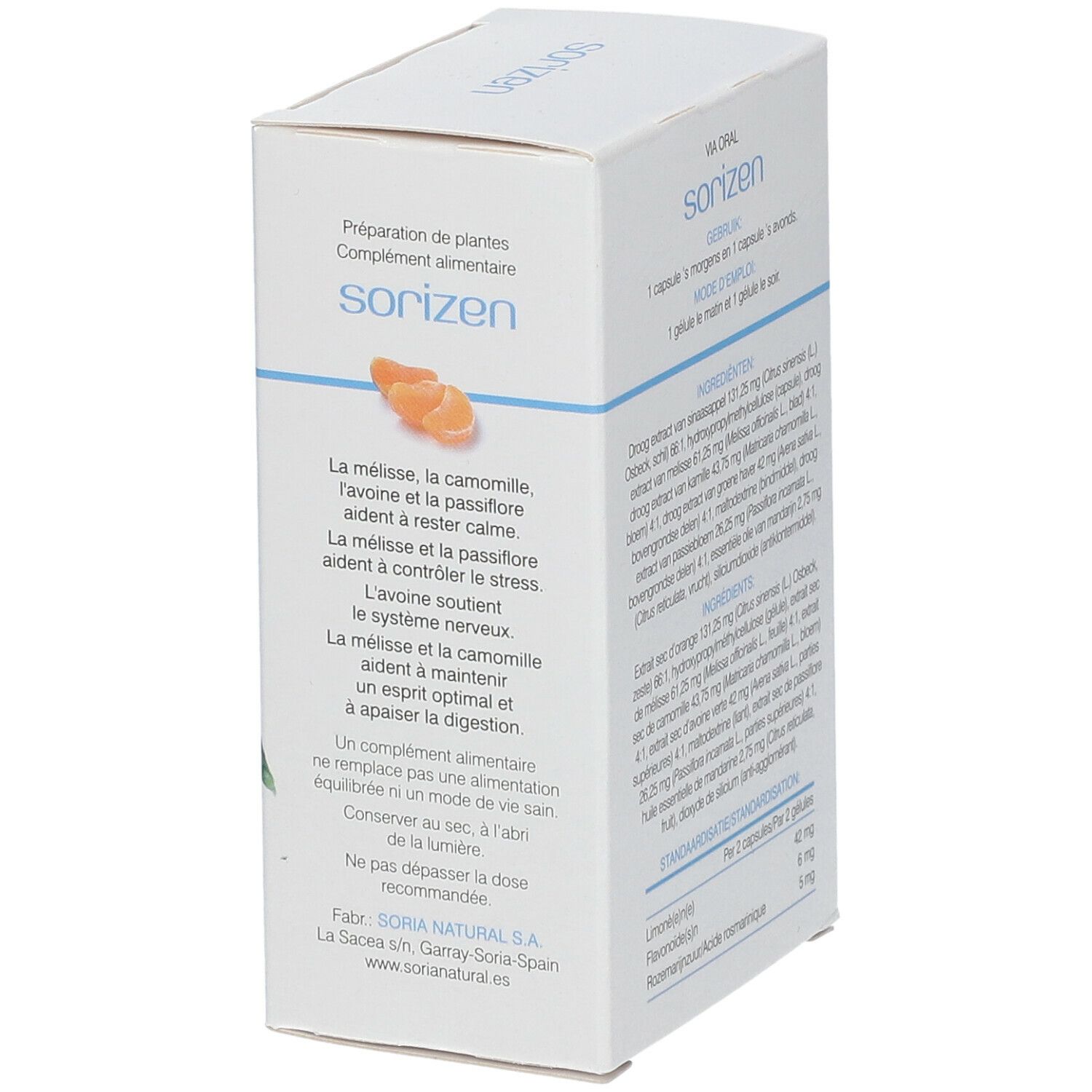 Boîte Soria Natural Sorizen. Côté avec ingrédients et instructions d'utilisation. Contient 60 gélules.