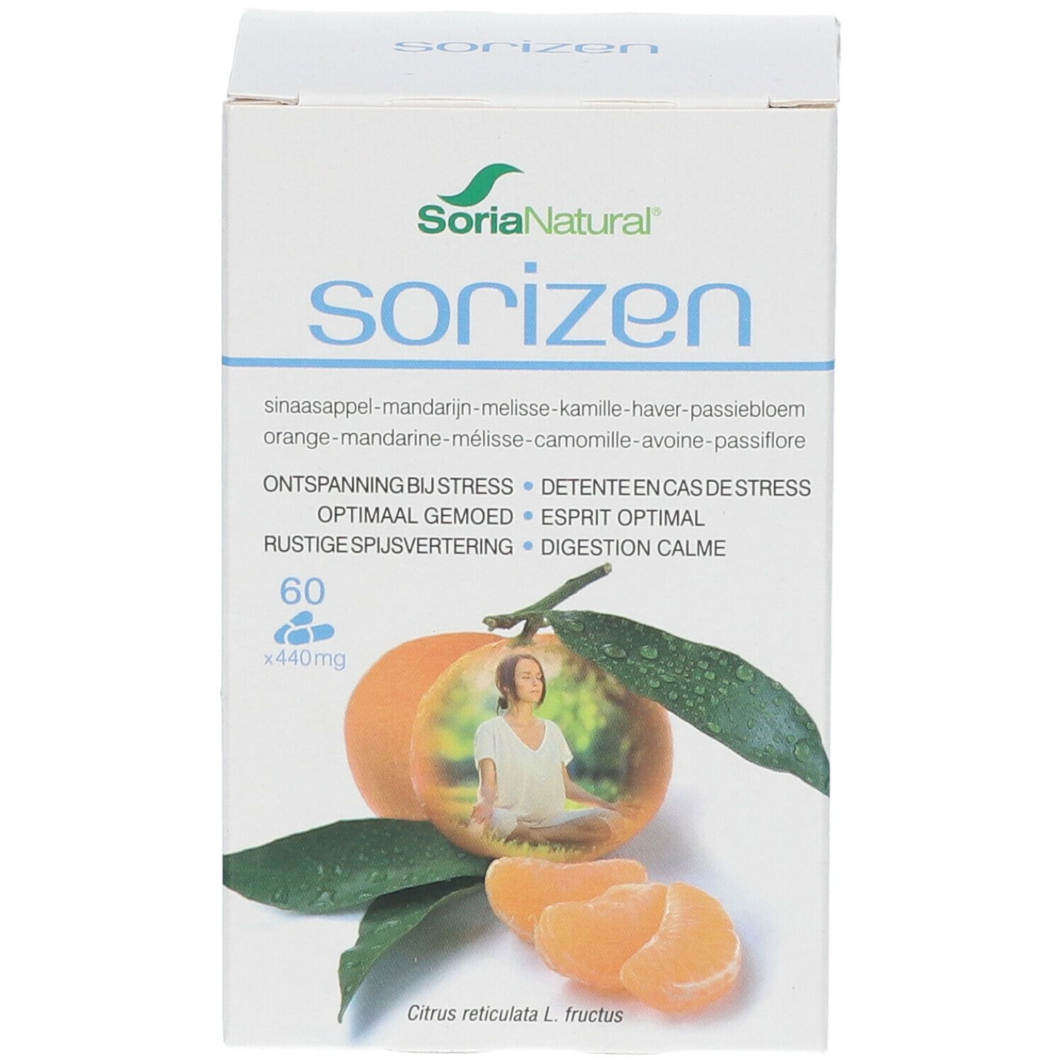 Boîte de Soria Natural Sorizen. Image d'une orange et d'une femme. Contient 60 gélules.