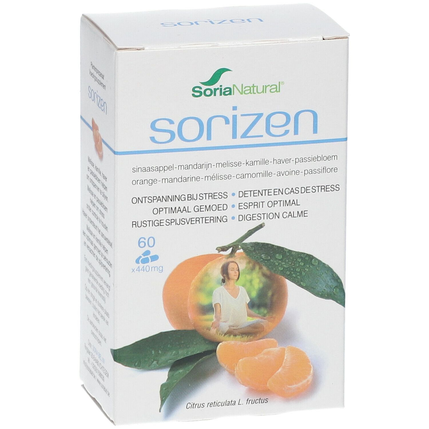 Boîte de Soria Natural Sorizen. Image d'une orange et d'une femme. Contient 60 gélules.