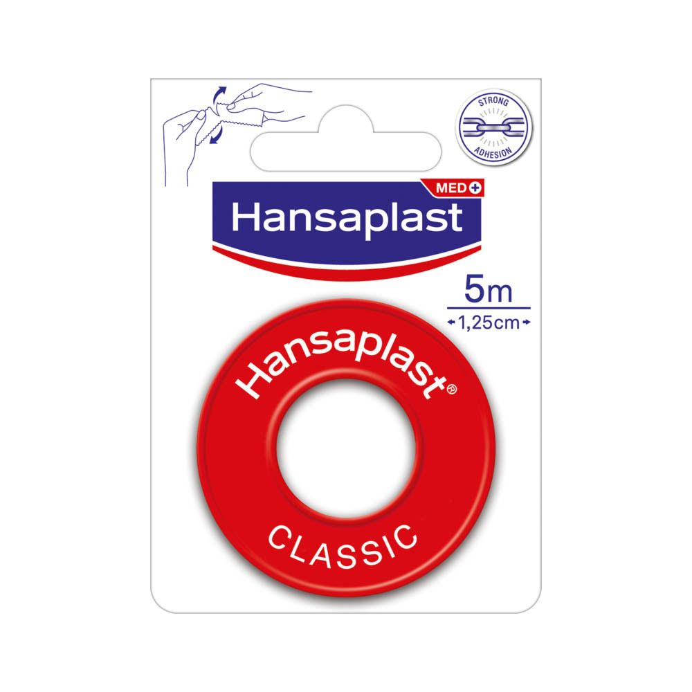 Hansaplast Classic, rouleau rouge. 5m x 1,25cm. Emballage avec image du produit.