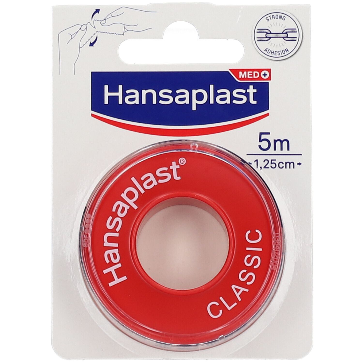 Hansaplast Classic, rouleau rouge. 5m x 1,25cm. Emballage avec image du produit et exemple d'utilisation.