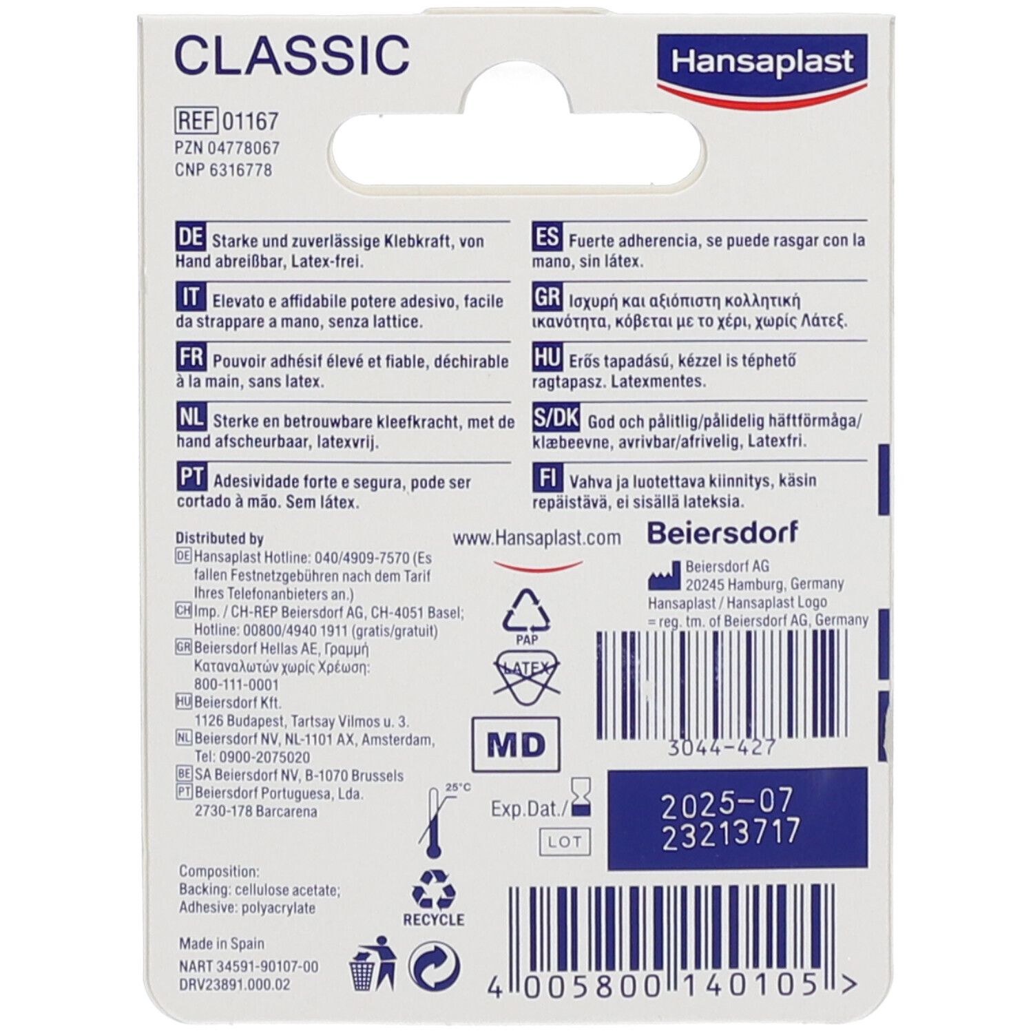 Dos de l'emballage Hansaplast Classic. Informations sur les ingrédients, le fabricant, le numéro de lot et la date de péremption.