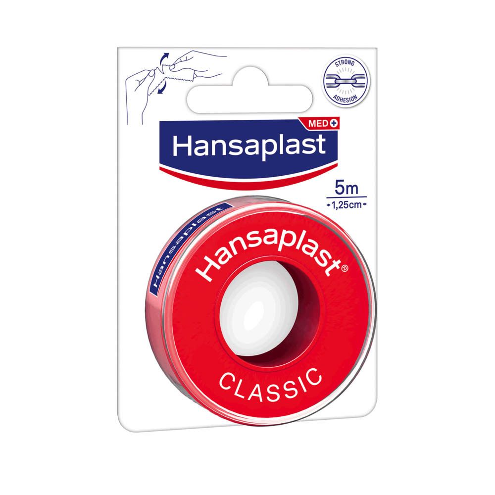 Hansaplast Classic, rouleau rouge. 5m x 1,25cm. Emballage avec image du produit.