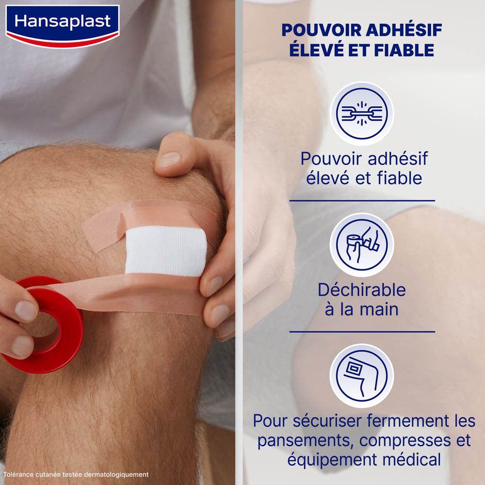 Homme appliquant un pansement Hansaplast sur le genou. Texte : Forte adhérence, déchirable, pour fixer les pansements.