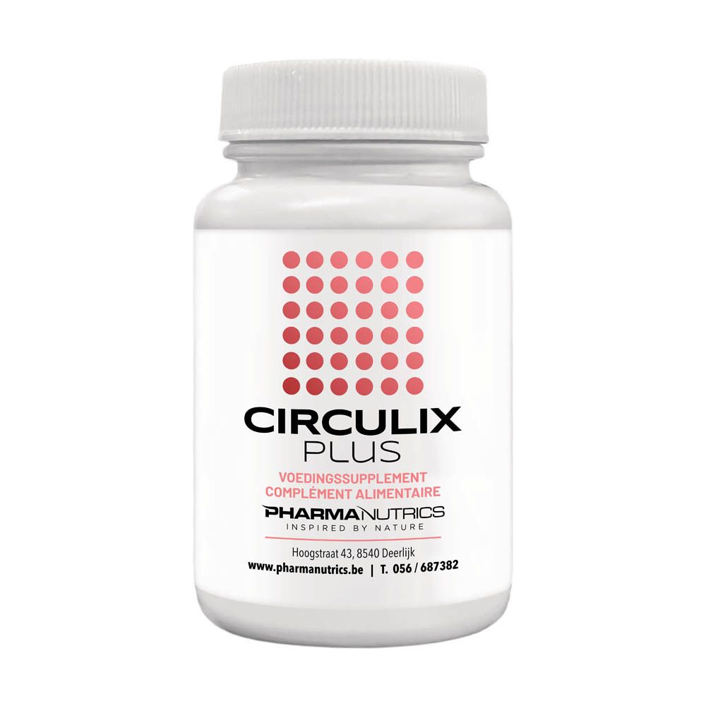 Flacon blanc avec capsules. Inscription CIRCULIX PLUS, dessous VOEDINGSSUPPLEMENT, PHARMANUTRICS.