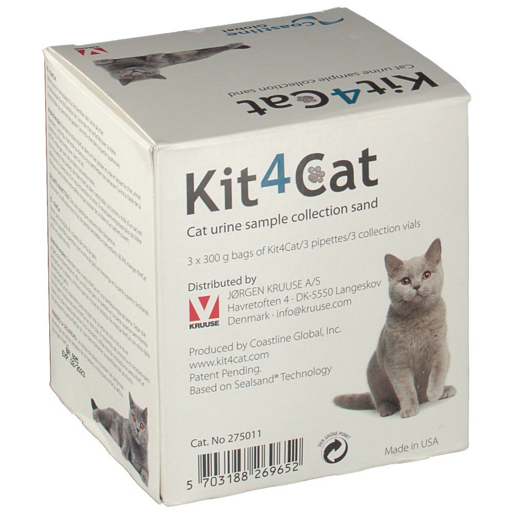 Kit4Cat-Box mit Katze. Aufschrift: Kit4Cat, Katze Urin-Probenentnahme-Sand. Enthält 3 Beutel Sand, Pipetten und Fläschchen.