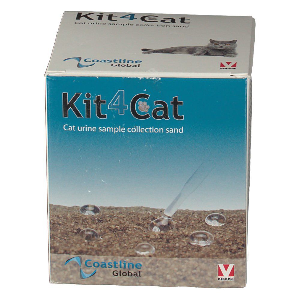 Kit4Cat-Box. Aufschrift: Kit4Cat, Katze Urin-Probenentnahme-Sand. Sand mit Wassertropfen und Pipette.