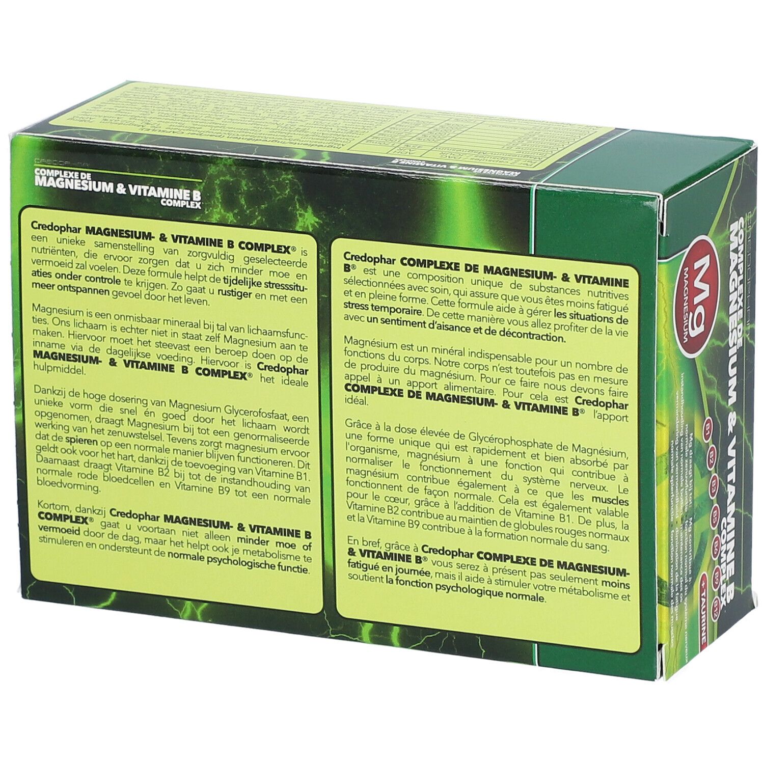 Dos de la boîte CEEDOPHAR® Magnesium & Vitamin B Complex. Informations textuelles en plusieurs langues.