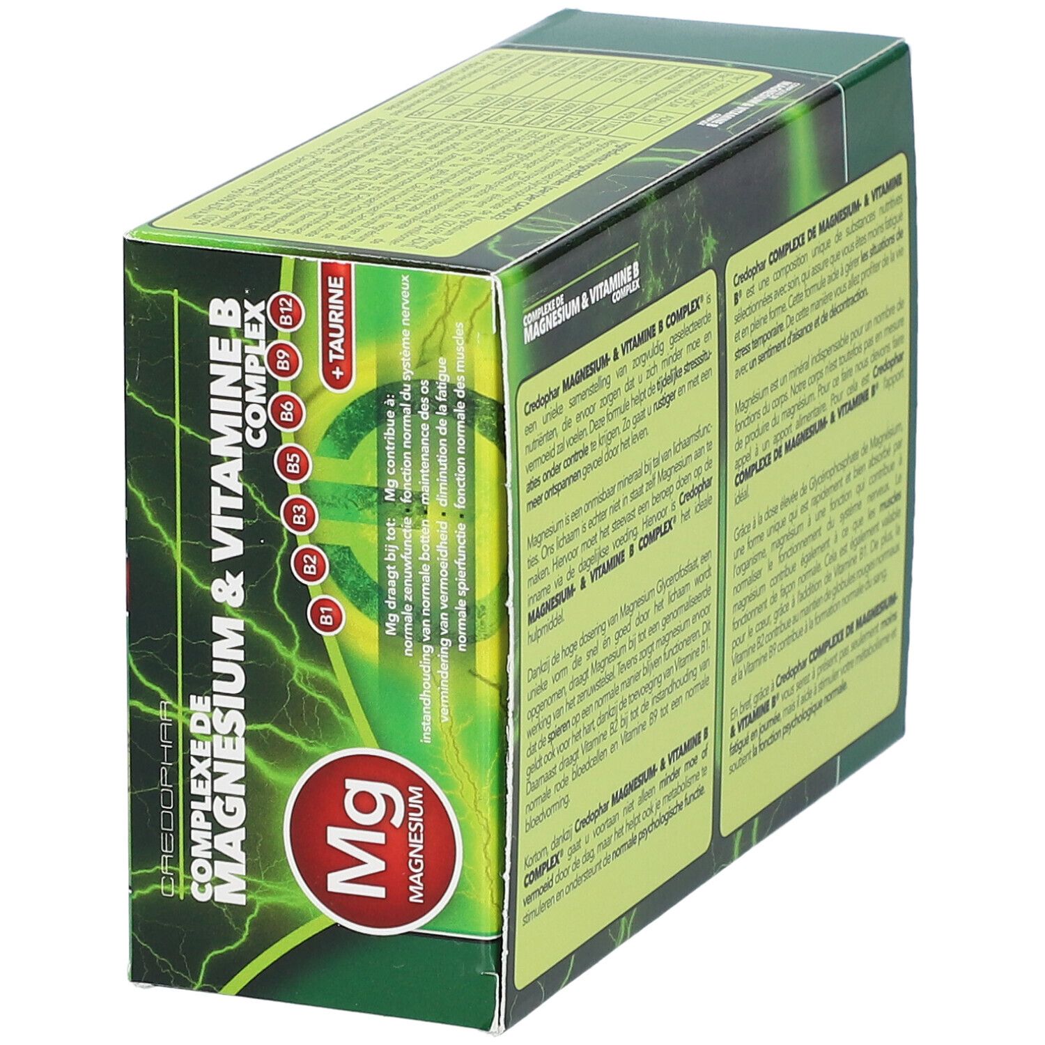 Vue oblique de la boîte CEEDOPHAR® Magnesium & Vitamin B Complex. Informations textuelles et logo Mg.