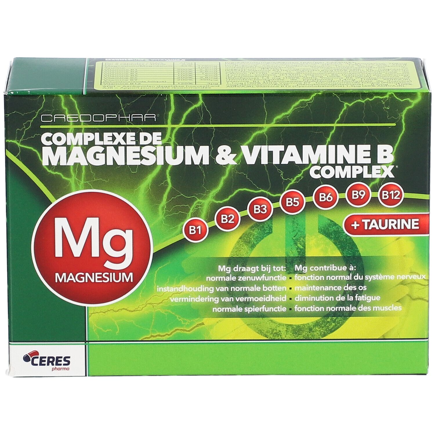 Vue de face de la boîte CEEDOPHAR® Magnesium & Vitamin B Complex. Design vert et blanc avec informations produit.