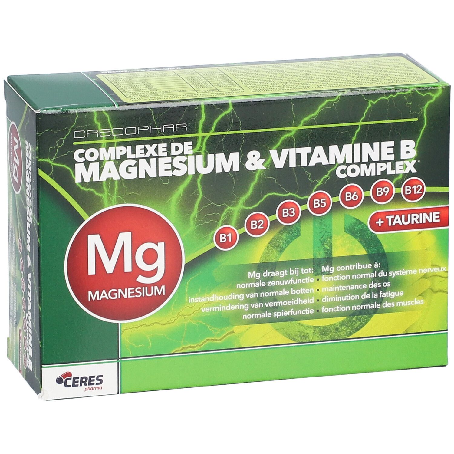 Vue oblique de la boîte CEEDOPHAR® Magnesium & Vitamin B Complex. Design vert et blanc avec informations produit.