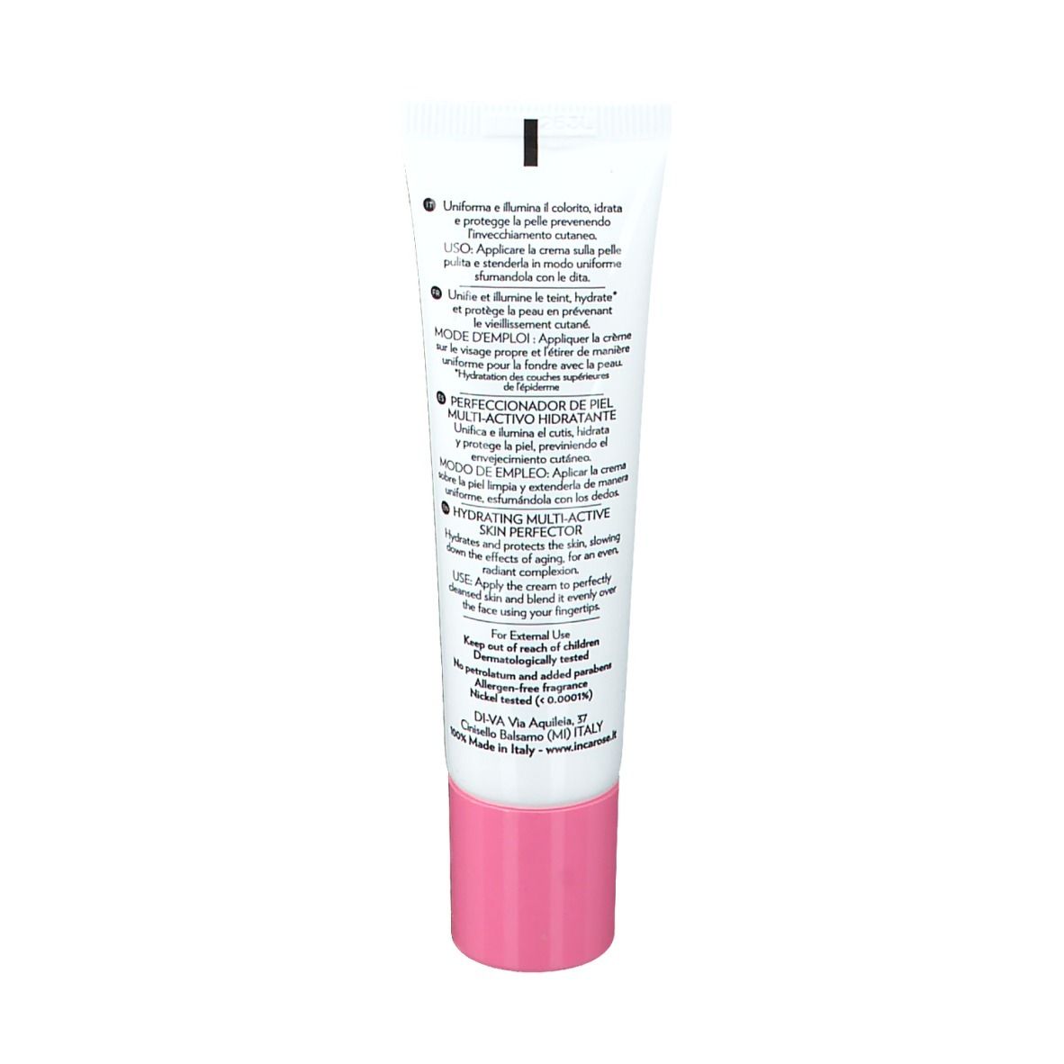 Dos du tube. Texte multilingue: instructions d'utilisation, ingrédients, informations fabricant. Bouchon rose.