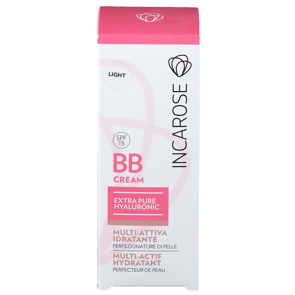 Boîte avec inscriptions: Incarose, BB Cream, SPF 15, Extra Pure Hyaluronic. Rose et blanc. Texte multilingue.