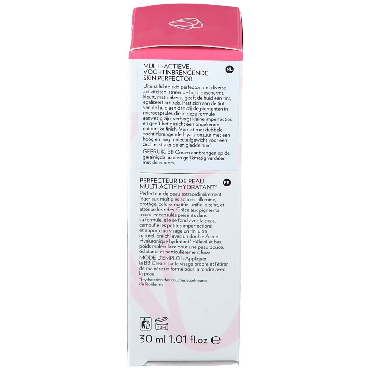 Dos de la boîte. Texte multilingue: description du produit, utilisation, ingrédients. Rose et blanc.