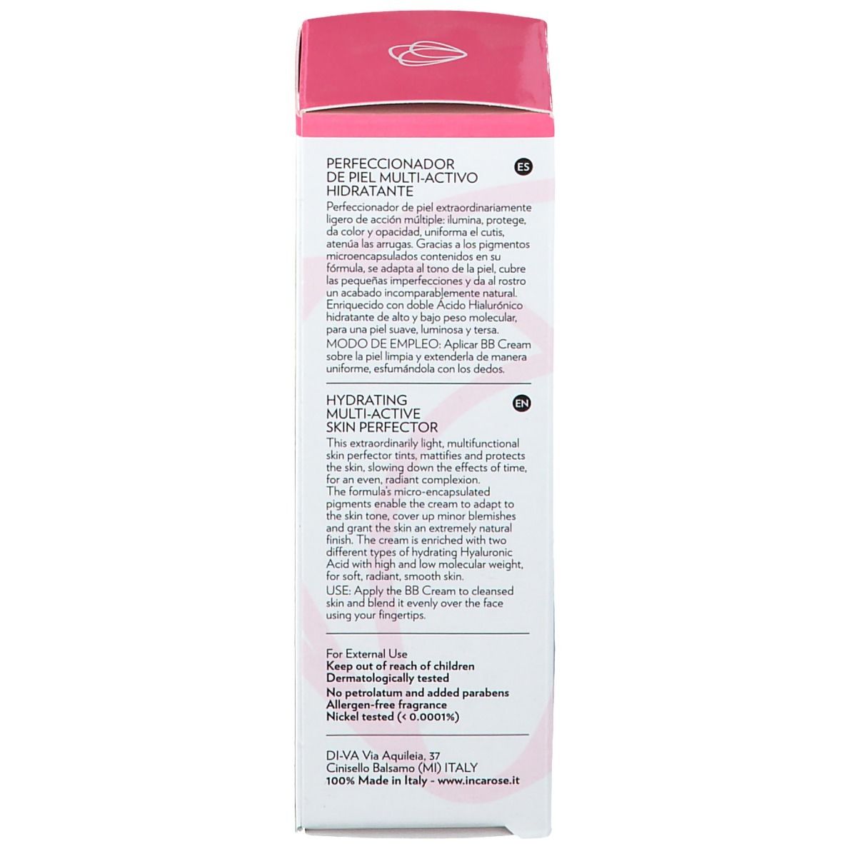 Dos de la boîte. Texte multilingue: description du produit, utilisation, ingrédients. Rose et blanc.