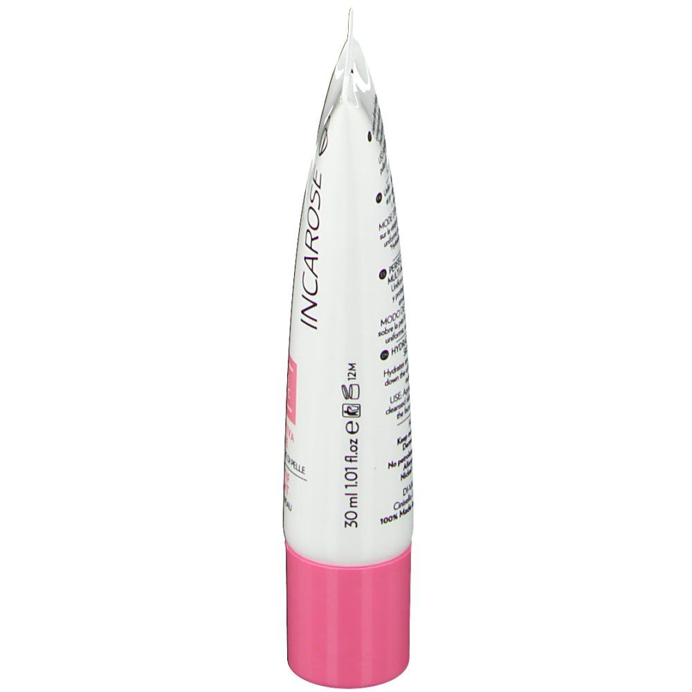 Seitenansicht einer weißen Tube mit rosa Deckel. Aufschrift: INCAROSE, 30 ml, Produktinformationen in mehreren Sprachen.