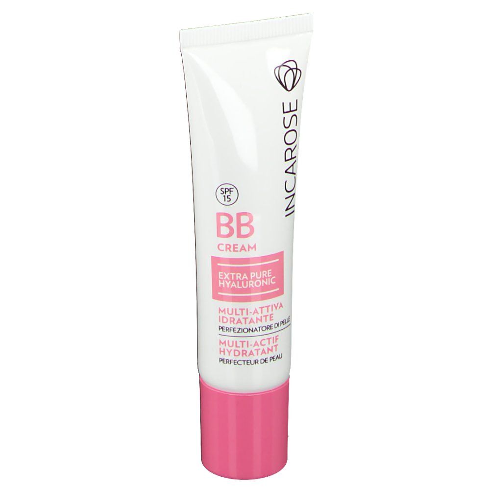 Weiße Tube mit rosa Deckel. Aufschrift: INCAROSE, BB Cream, Extra Pure Hyaluronic, SPF 15. Mehrsprachige Produktinformationen.