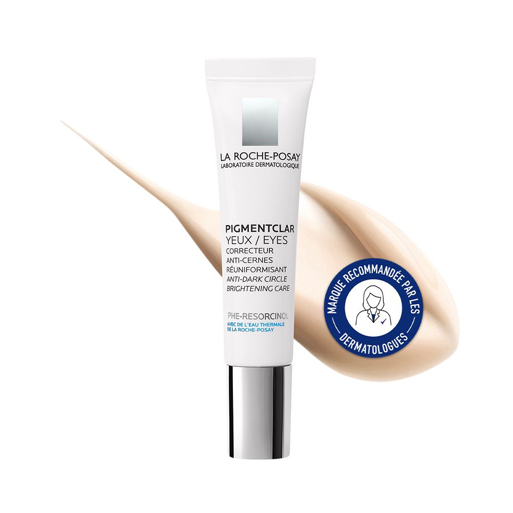 Tube blanc La Roche-Posay Pigmentclar. Texte et logo. Swirl de produit.