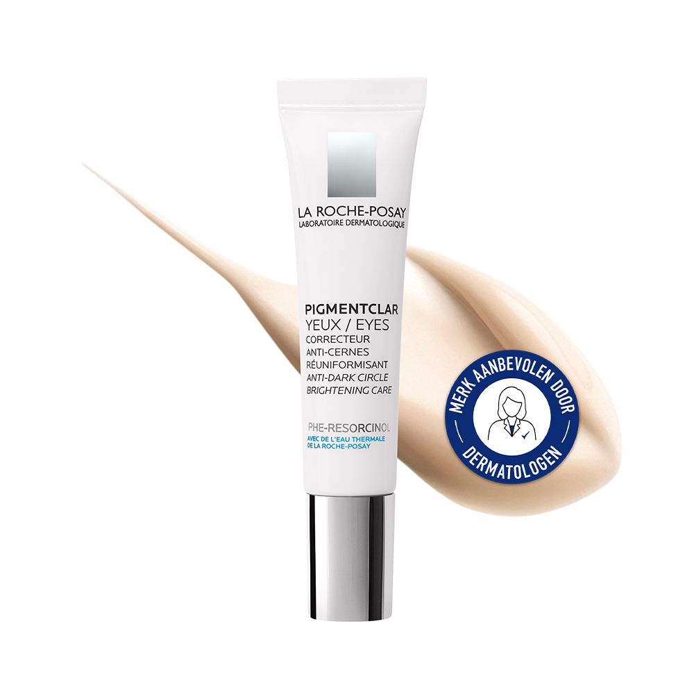 Witte tube La Roche-Posay Pigmentclar. Tekst en logo. Product-swirl.