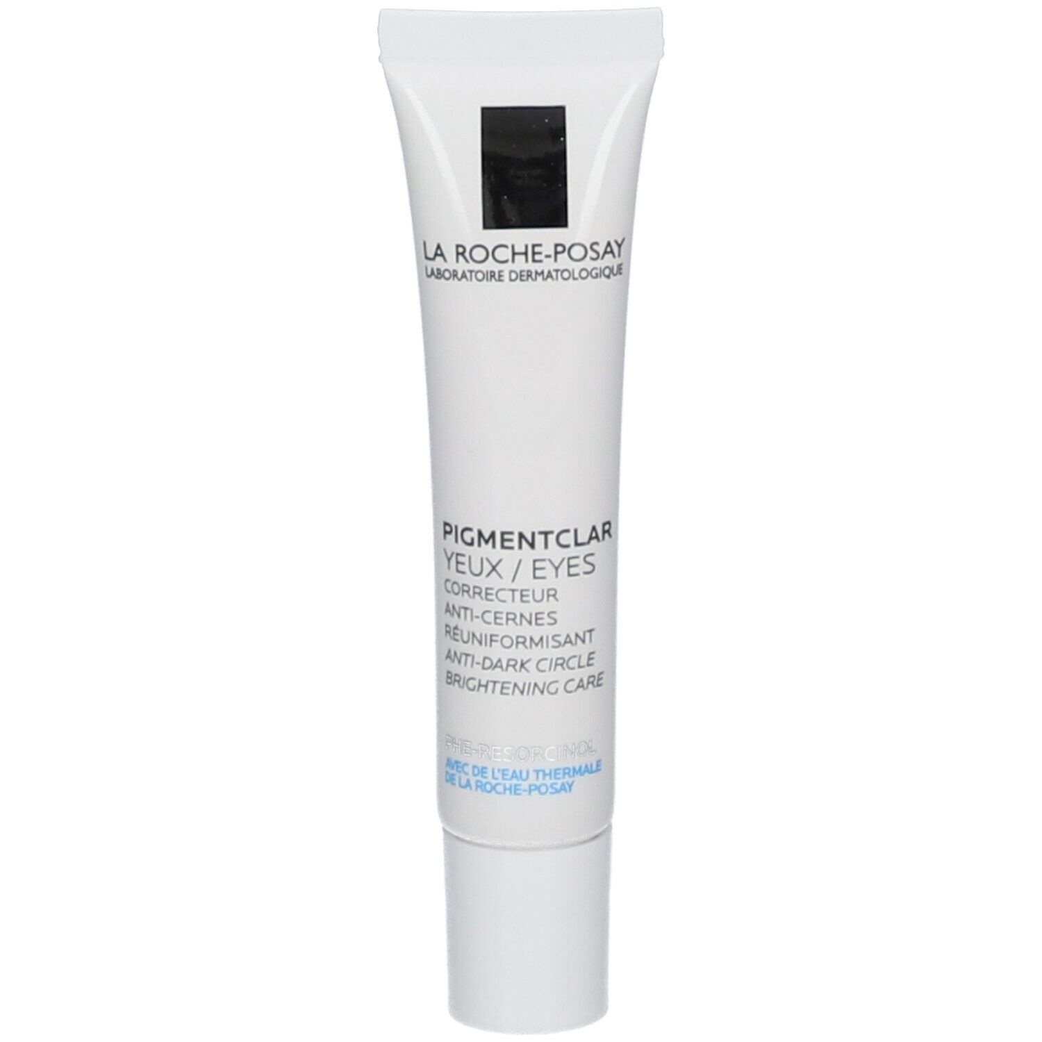 Witte tube La Roche-Posay Pigmentclar. Tekst en logo. Zwarte dop.