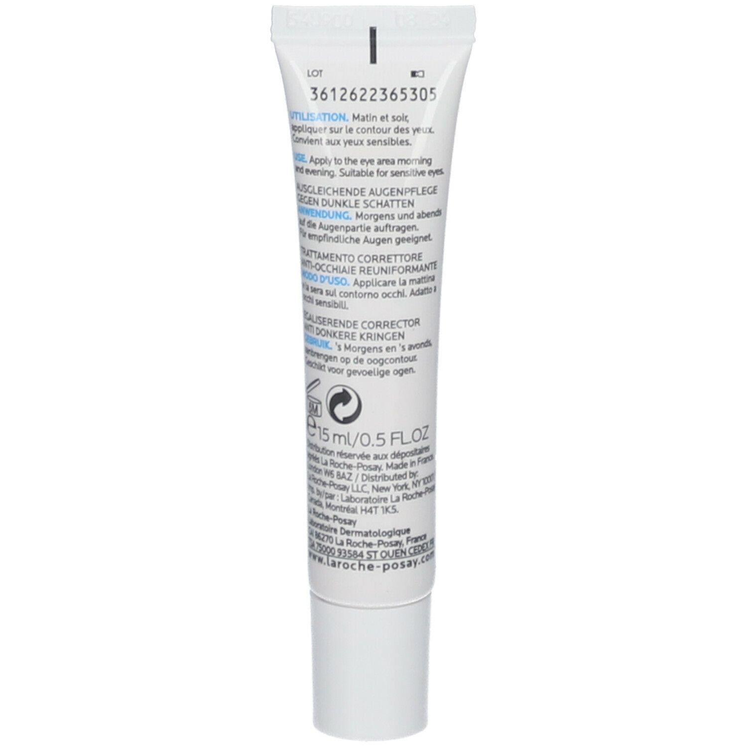 Achterkant van de tube. Meertalige tekst. 15 ml/0,5 FL.OZ. Productinformatie.